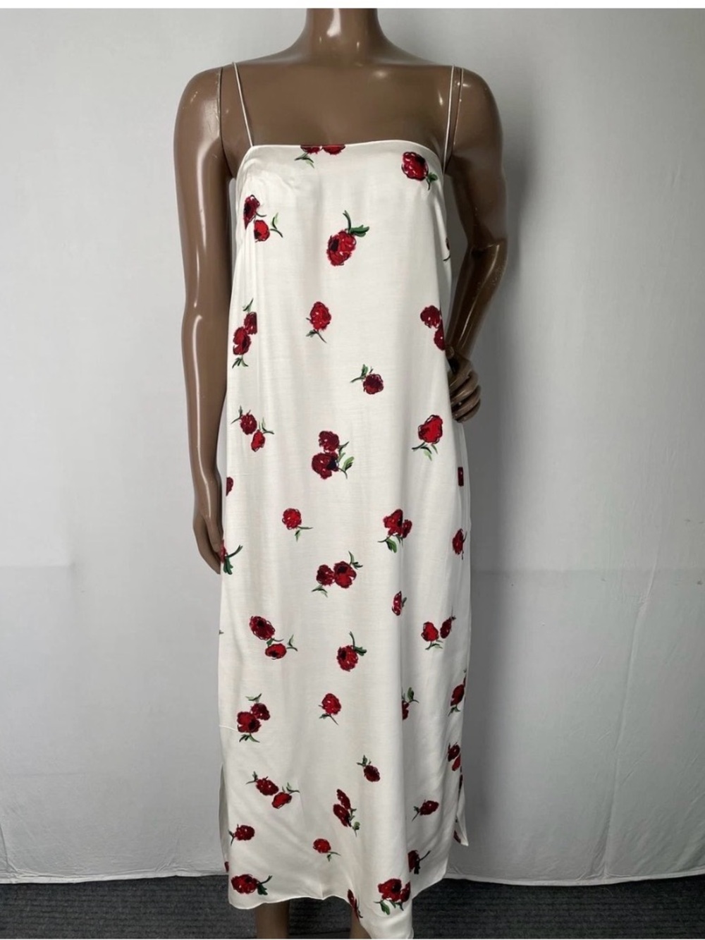 KHAITE Cream Slip Midi Dress with Red Rose Print